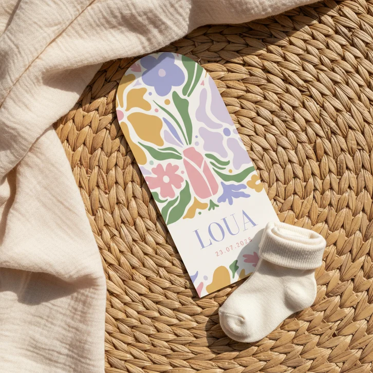 Hip pastel geboortekaartje bloemen langwerpig met boog