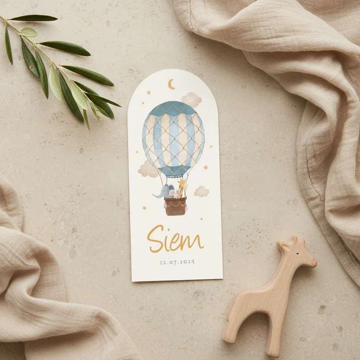 Hoge boogkaart luchtballon dieren vintage sterren geboorte