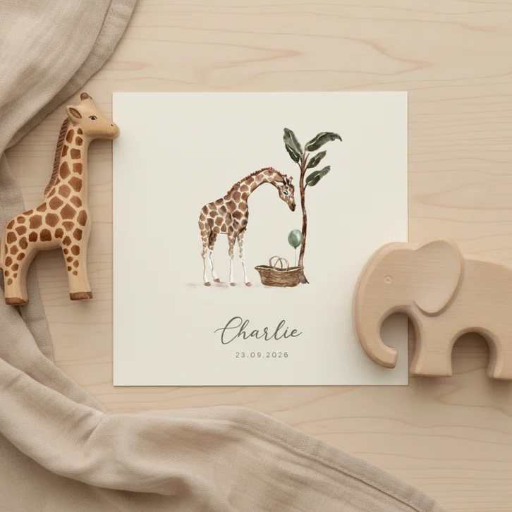 Jungle geboortekaartje giraf mandje met groene ballon