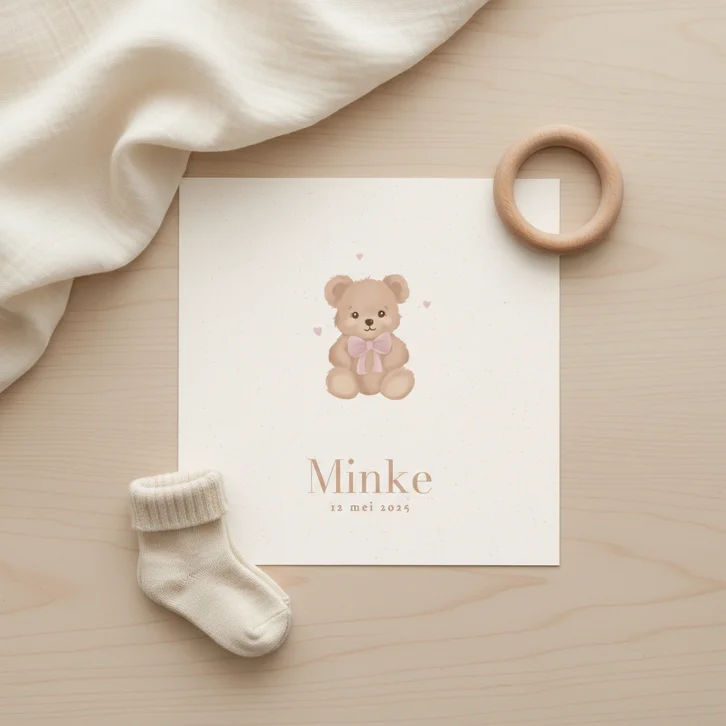 Klassiek geboortekaartje knuffel beer roze strikje
