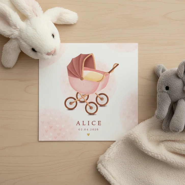 Klassiek geboortekaartje meisje met kinderwagen en hartjes