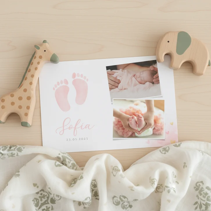 Klassiek geboortekaartje meisje - waterverf voetjes en foto