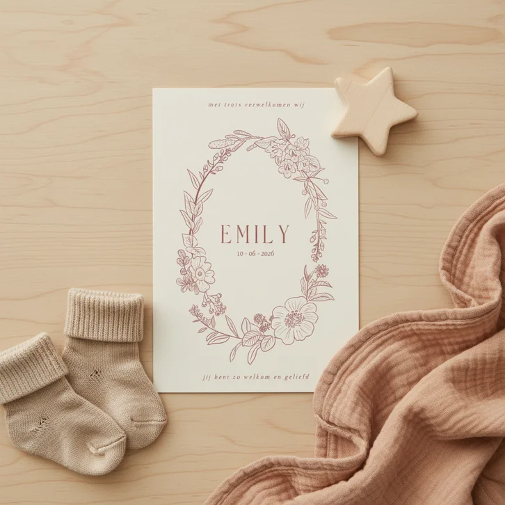 Klassiek geboortekaartje met een bloemenkrans in rood