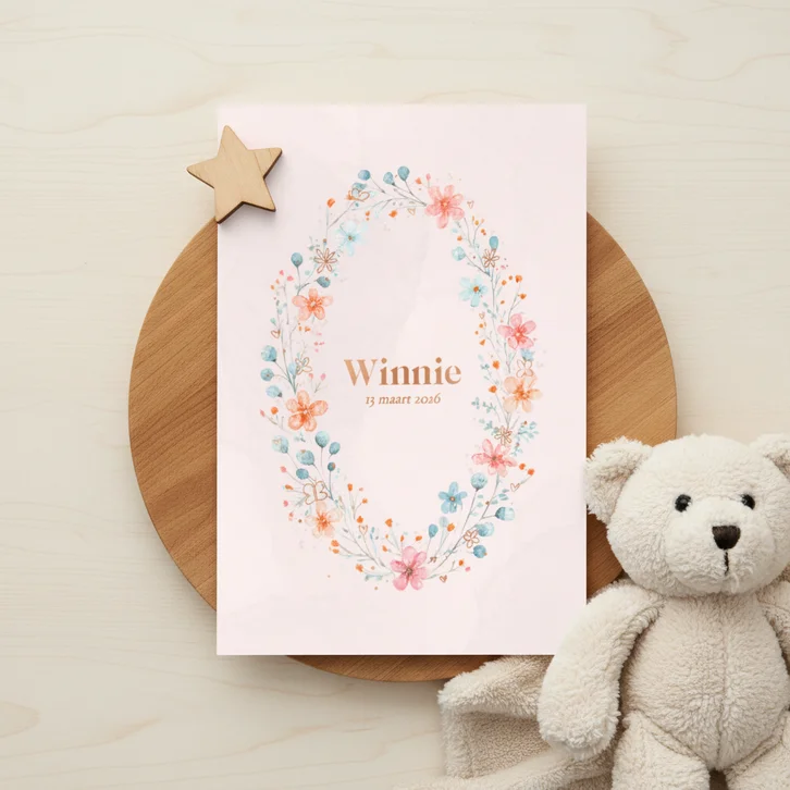 Klassiek roze geboortekaartje waterverf bloemen koperfolie
