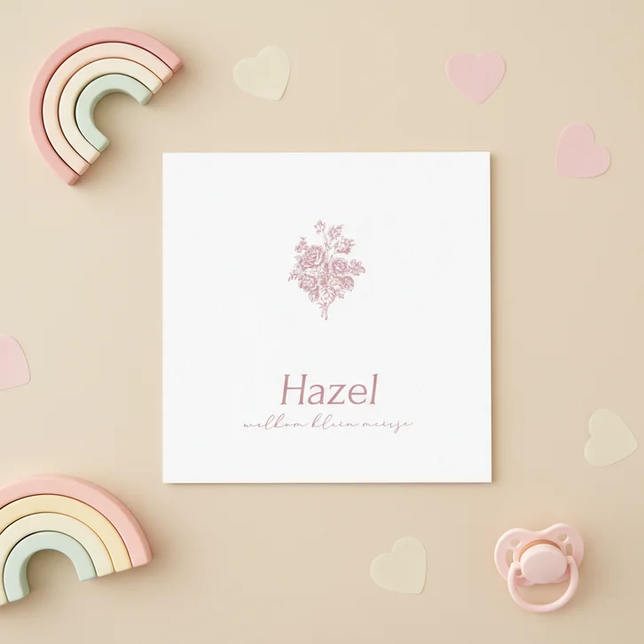 Klassiek wit gebortekaartje met vintage roze engels roosje