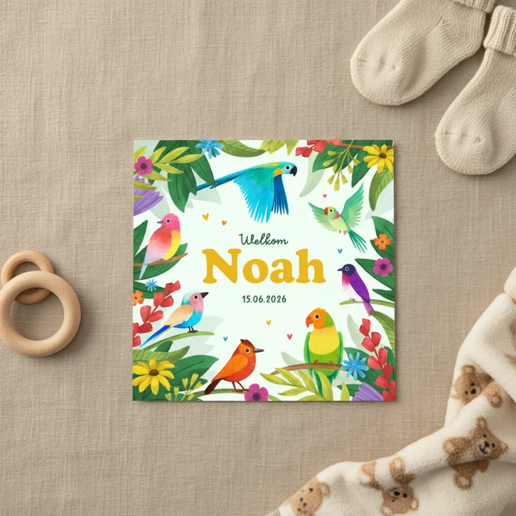 Kleurrijk tropisch geboortekaartje dieren vogels bloemen