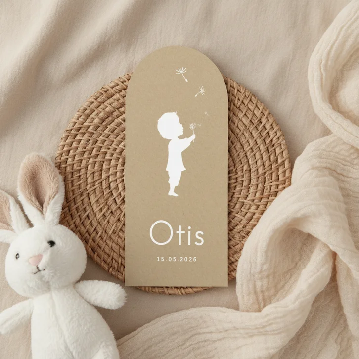 Langwerpig kraft geboortekaartje jongen boog paardenbloem 