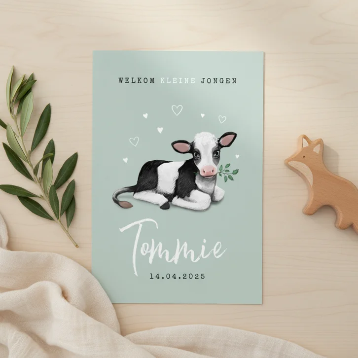 Lente geboortekaartje koe hartjes unisex dieren