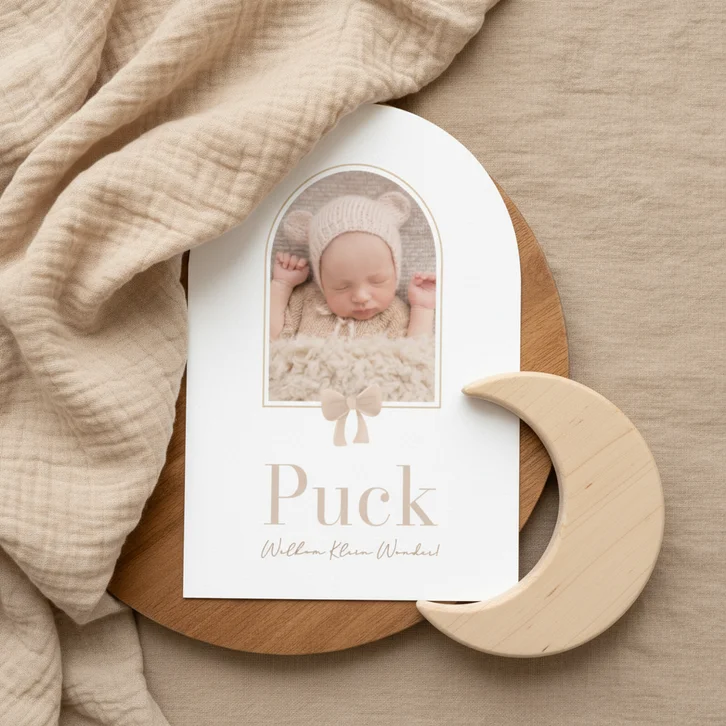 Lief beige geboortekaartje boog vorm met foto en strik