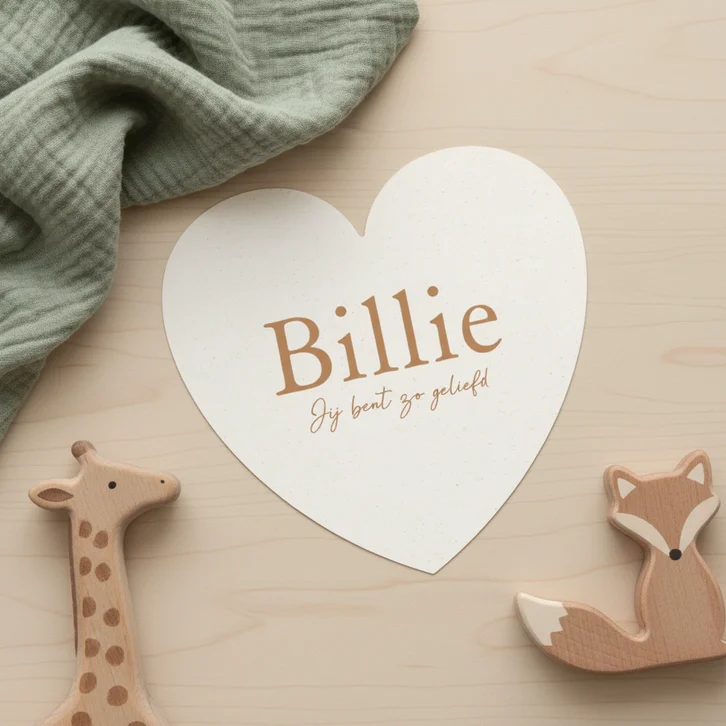 Lief beige geboortekaartje in hart vorm met papier textuur