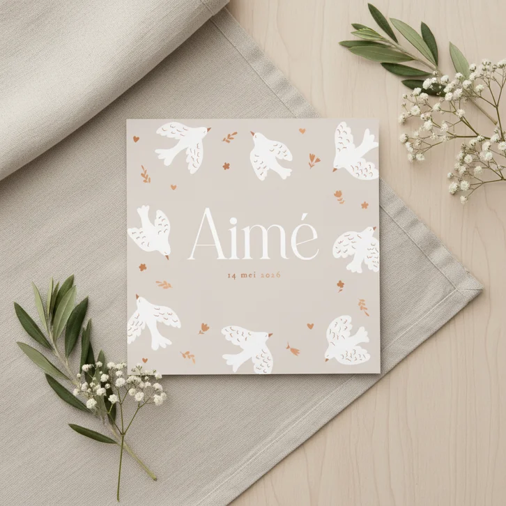 Lief beige geboortekaartje met duifjes en koperen bloemen