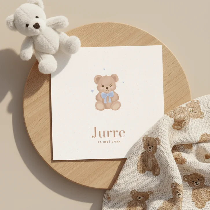 Lief beige geboortekaartje met teddybeer blauwe strik jongen