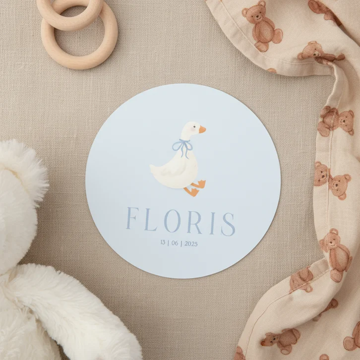 Lief blauw geboortekaartje rond met klein gansje