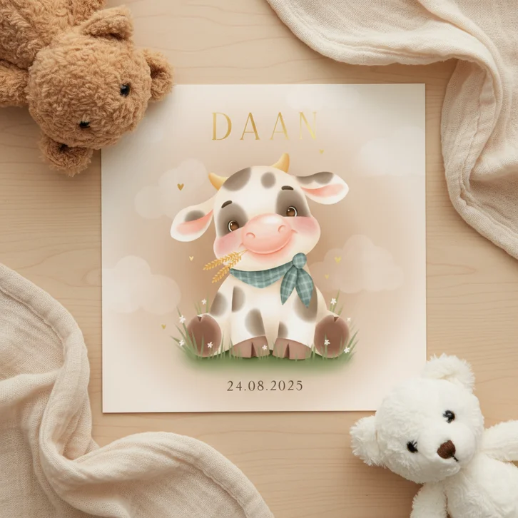 Lief boerderij geboortekaartje met koe wolkjes in gras