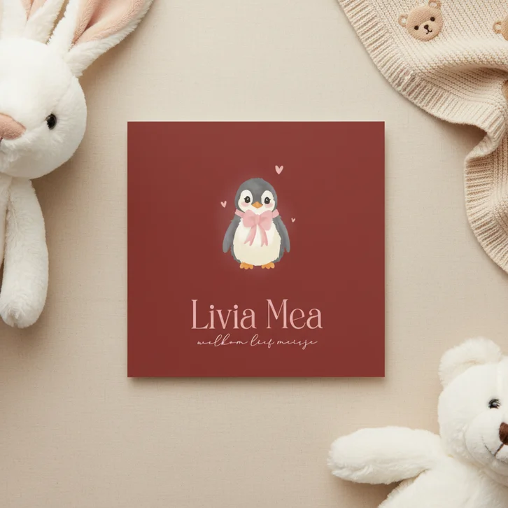 Lief donker rood geboortekaartje met baby pinguin
