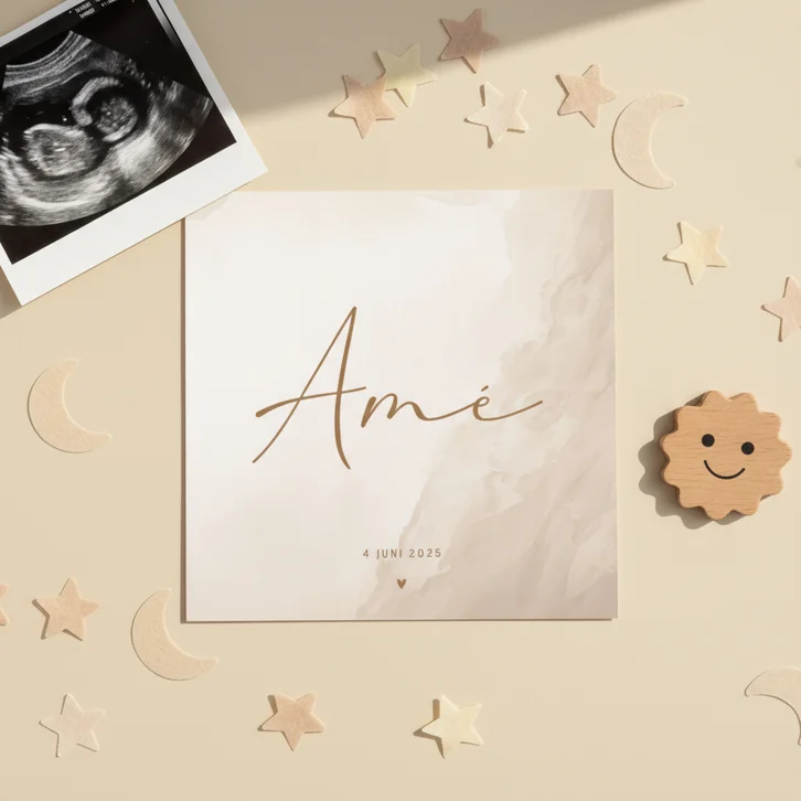 Lief en naturel geboortekaartje beige waterverf hartje