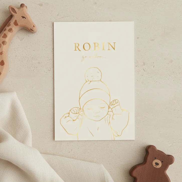 Lief geboortekaartje baby met mutsje – goudfolie