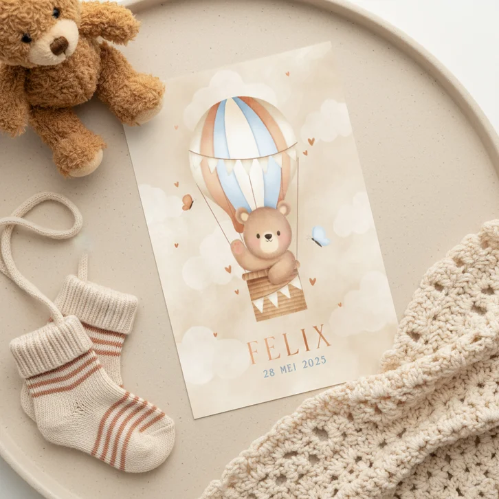 Lief geboortekaartje beertje in luchtballon vlinders en wolk