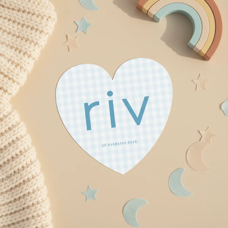  Lief geboortekaartje blauwe ruitjes in hartvorm