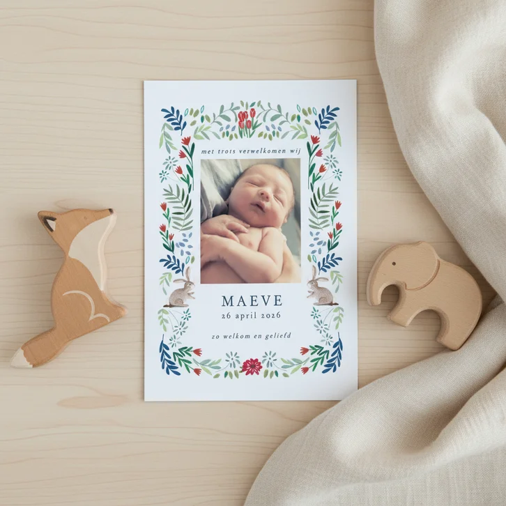 Lief geboortekaartje bloemen rand en konijn