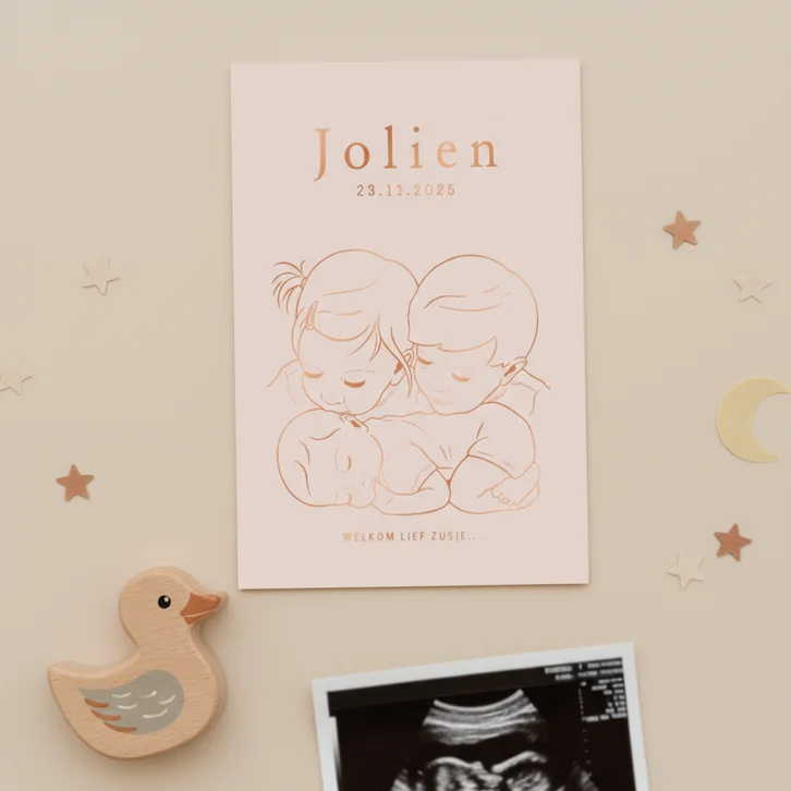 Lief geboortekaartje broer en zus met baby – koperfolie