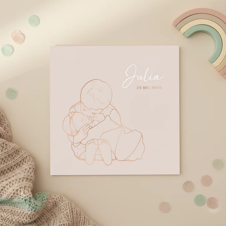 Lief geboortekaartje broer kust zusje – koperfolie