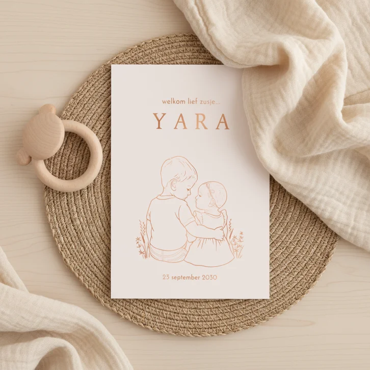 Lief geboortekaartje broer met arm om zusje – koperfolie