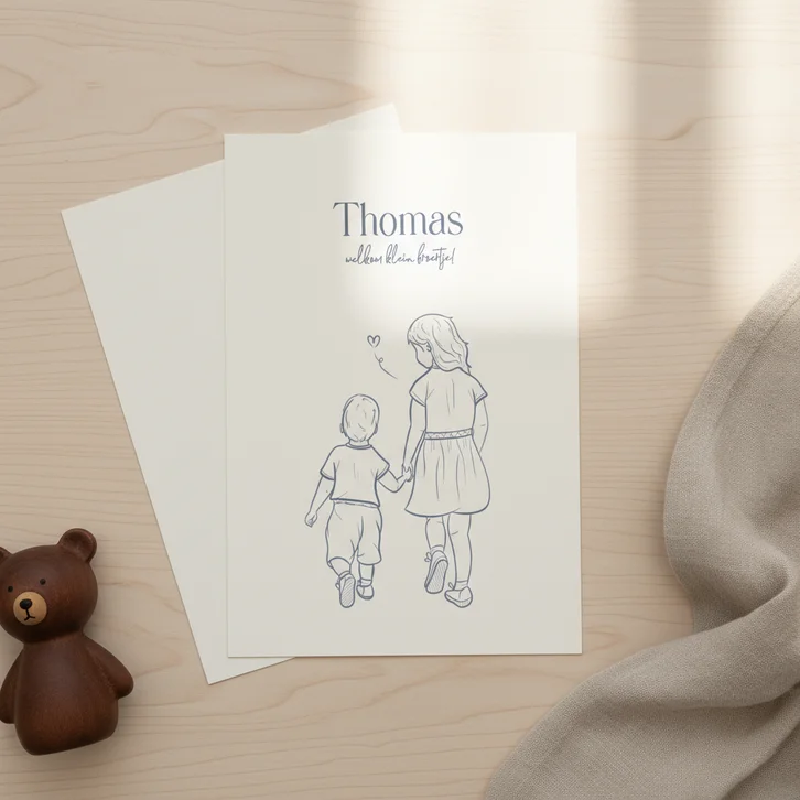 Lief geboortekaartje broertje met lijn illustratie wit blauw