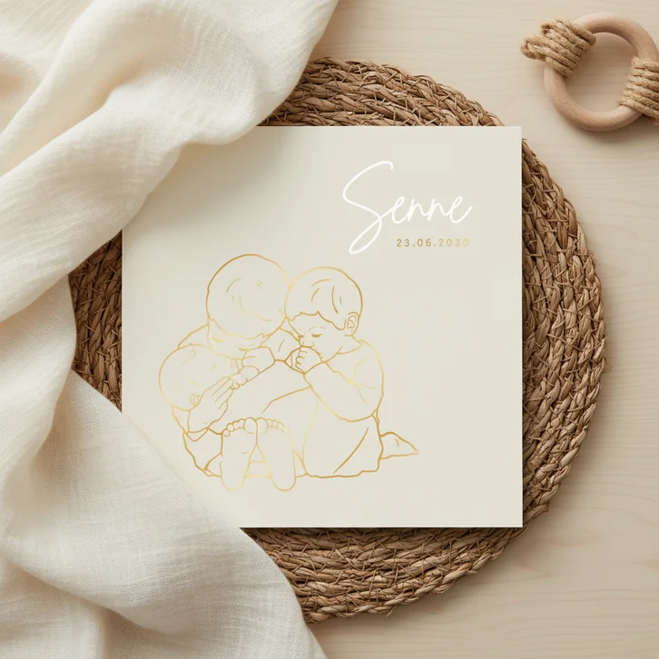 Lief geboortekaartje drie kindjes samen – goudfolie