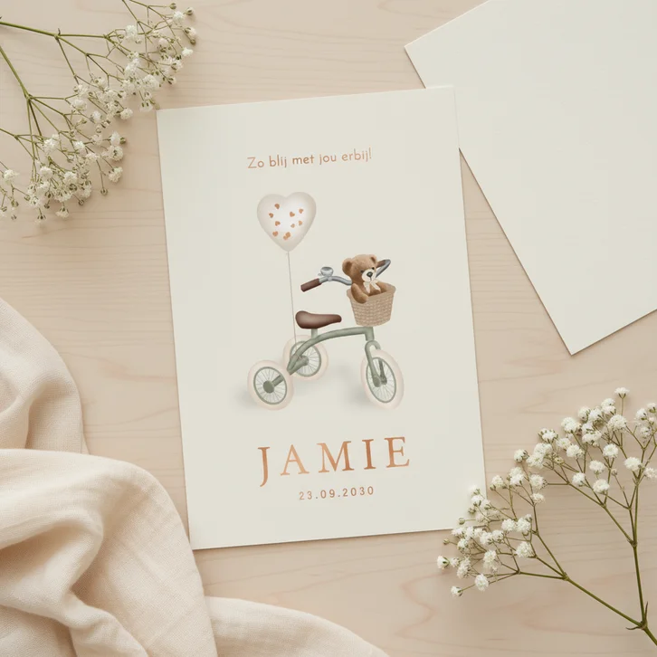 Lief geboortekaartje driewieler met teddybeer – koperfolie