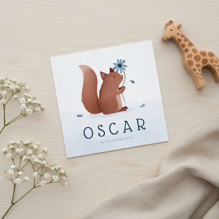 Lief geboortekaartje eekhoorn met blauwe bloem waterverf