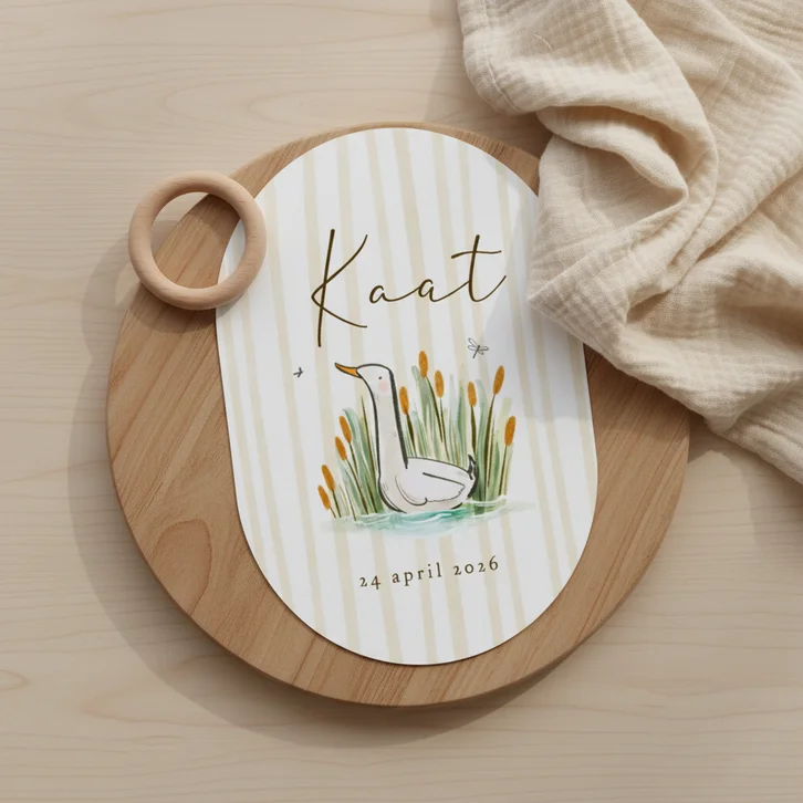 Lief geboortekaartje gans water riet streeppatroon