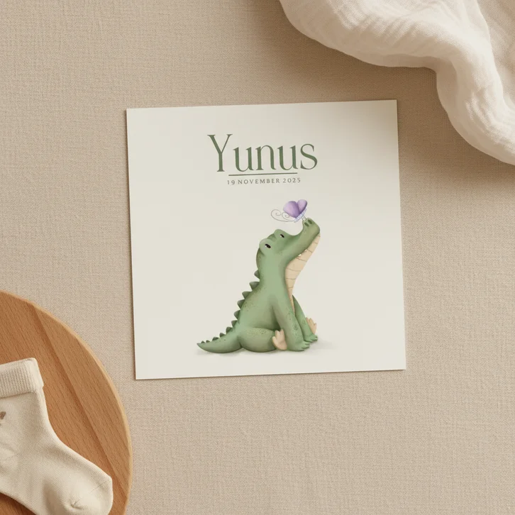 Lief geboortekaartje geïllustreerde krokodil en vlinders