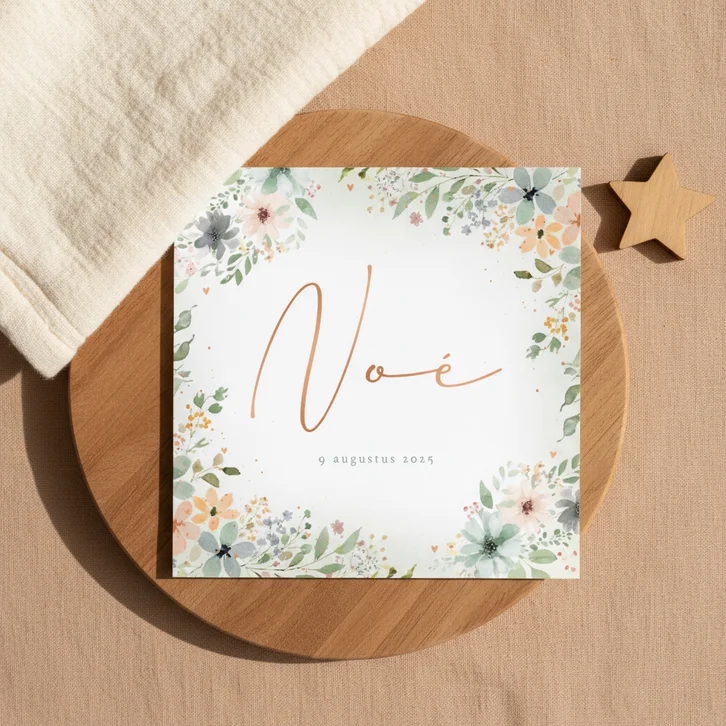 Lief geboortekaartje gekleurd bloemenkader koper hartjes