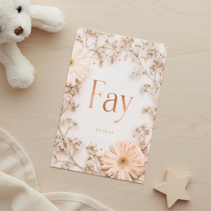 Lief geboortekaartje gipskruid kader gerbera zalmroze 