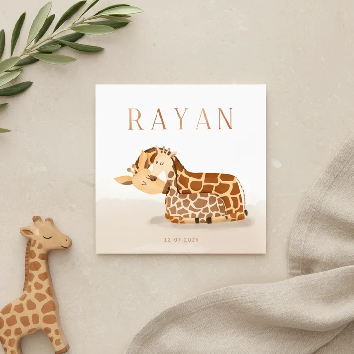 Lief geboortekaartje giraf met kleintje koperfolie