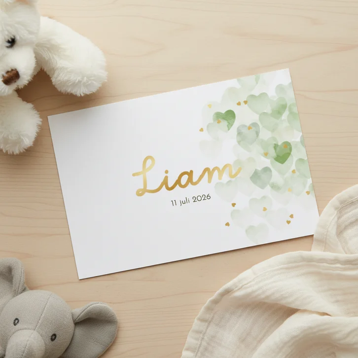 Lief geboortekaartje hartjes waterverf groen goudfolie