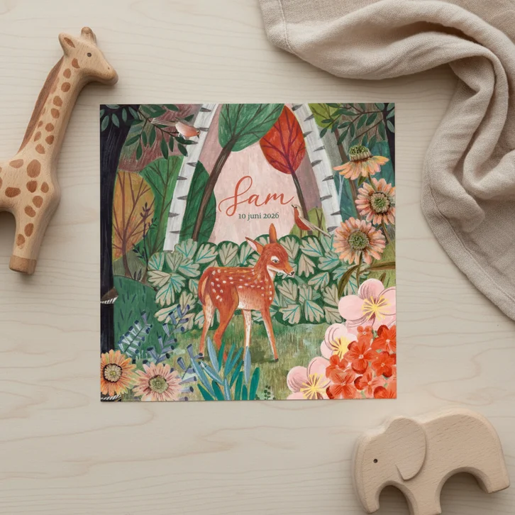 Lief geboortekaartje hert in het bos met bloemen