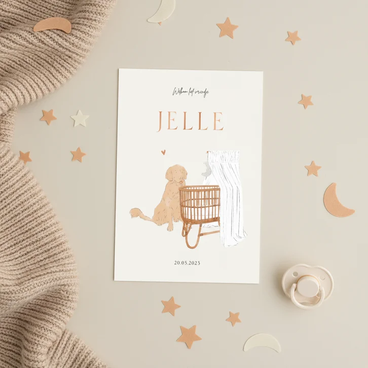 Lief geboortekaartje hond en wiegje neutraal illustratie