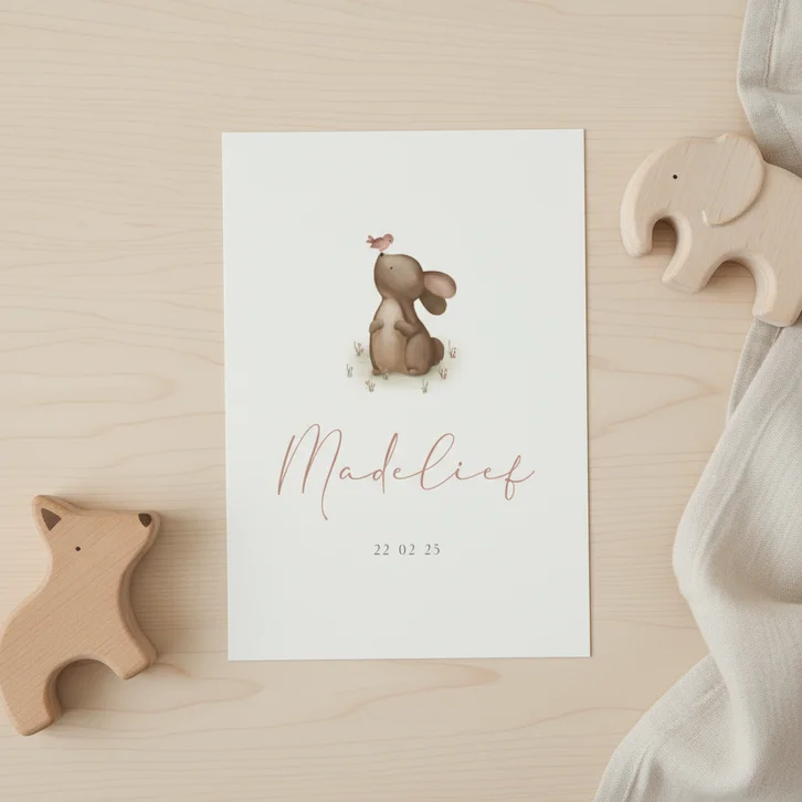 Lief geboortekaartje in het bos met konijn en vogeltje