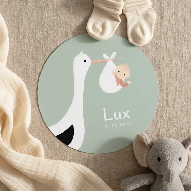Lief geboortekaartje in ronde vorm met ooievaar & baby 