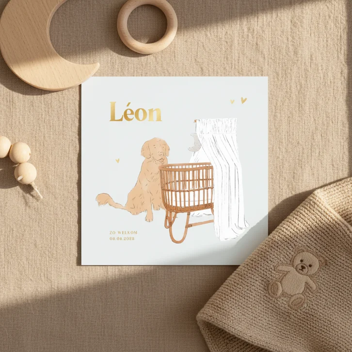 Lief geboortekaartje jongen hond en wiegje illustratie