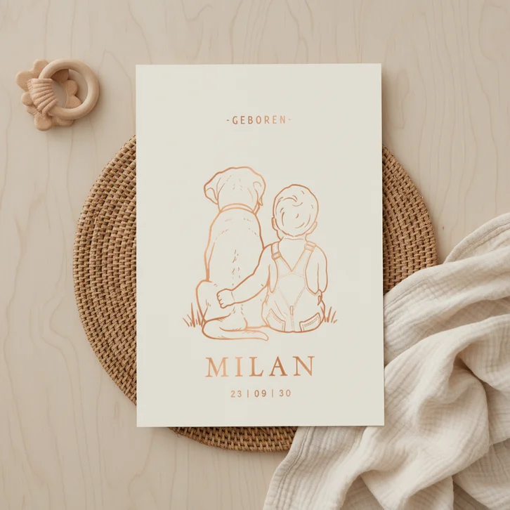 Lief geboortekaartje jongen met hond – koperfolie