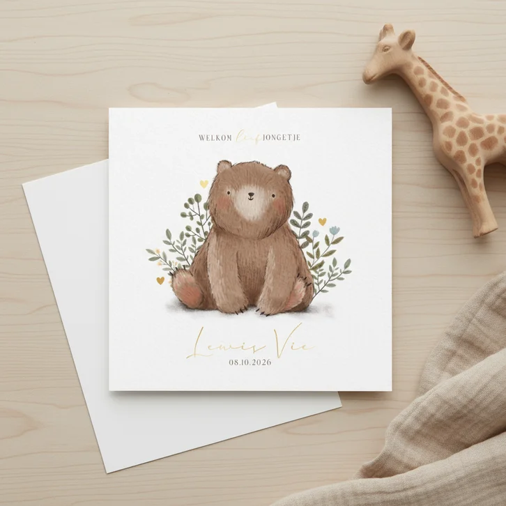 Lief geboortekaartje jongetje met beer plantjes en hartjes