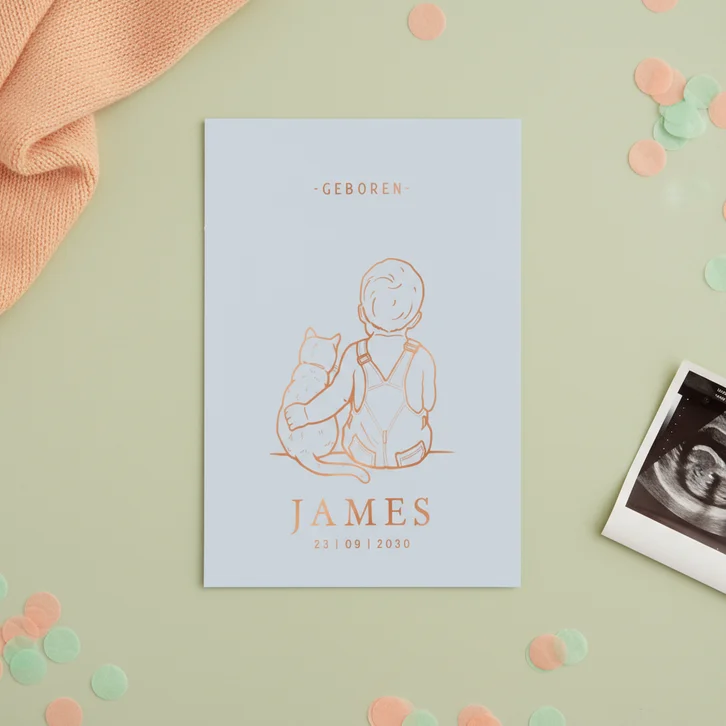 Lief geboortekaartje jongetje met poes – koperfolie