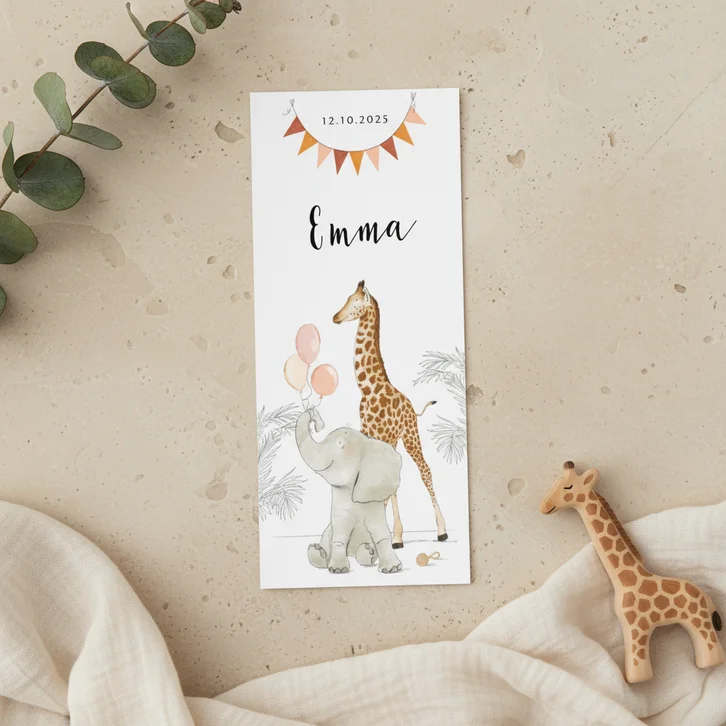 Lief geboortekaartje jungledieren olifant giraf ballonnen 
