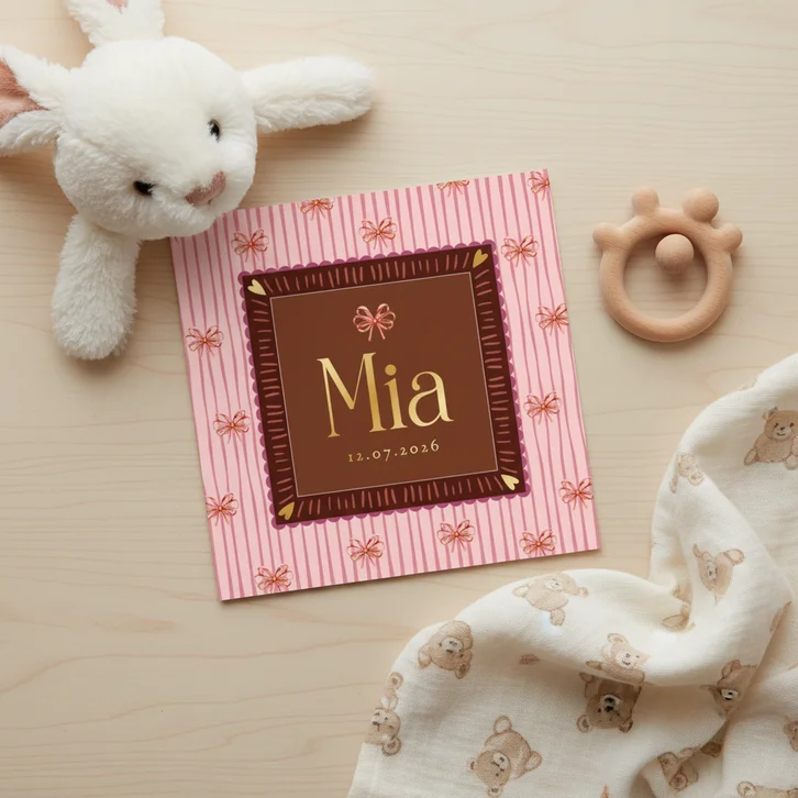 Lief geboortekaartje kleurrijk kader strikjes goud