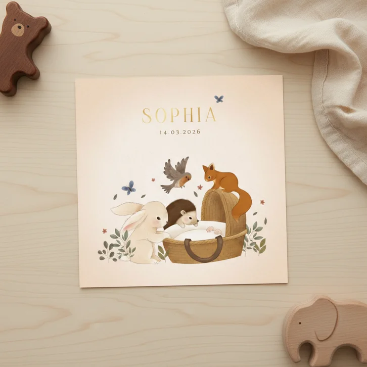 Lief geboortekaartje konijn egel eekhoorn vogel wiegje