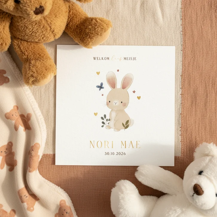Lief geboortekaartje konijntje plantjes en vlinder