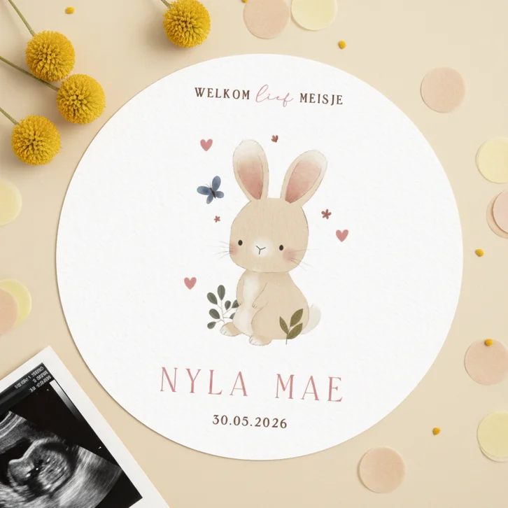 Lief geboortekaartje konijntje plantjes vlinder en hartjes